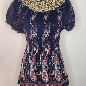 Reitmans Navy Floral Off-Shoulder Tunic with Pink and White Paisley